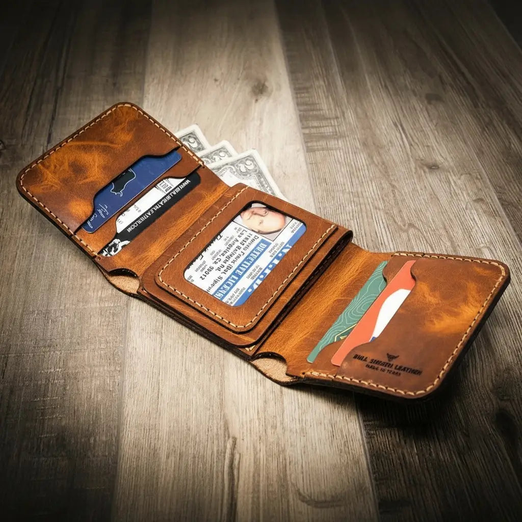 Handmade Full-Grain Leather Badge Trifold Wallet for Law Enforcement — Badge Trifold Wallet
