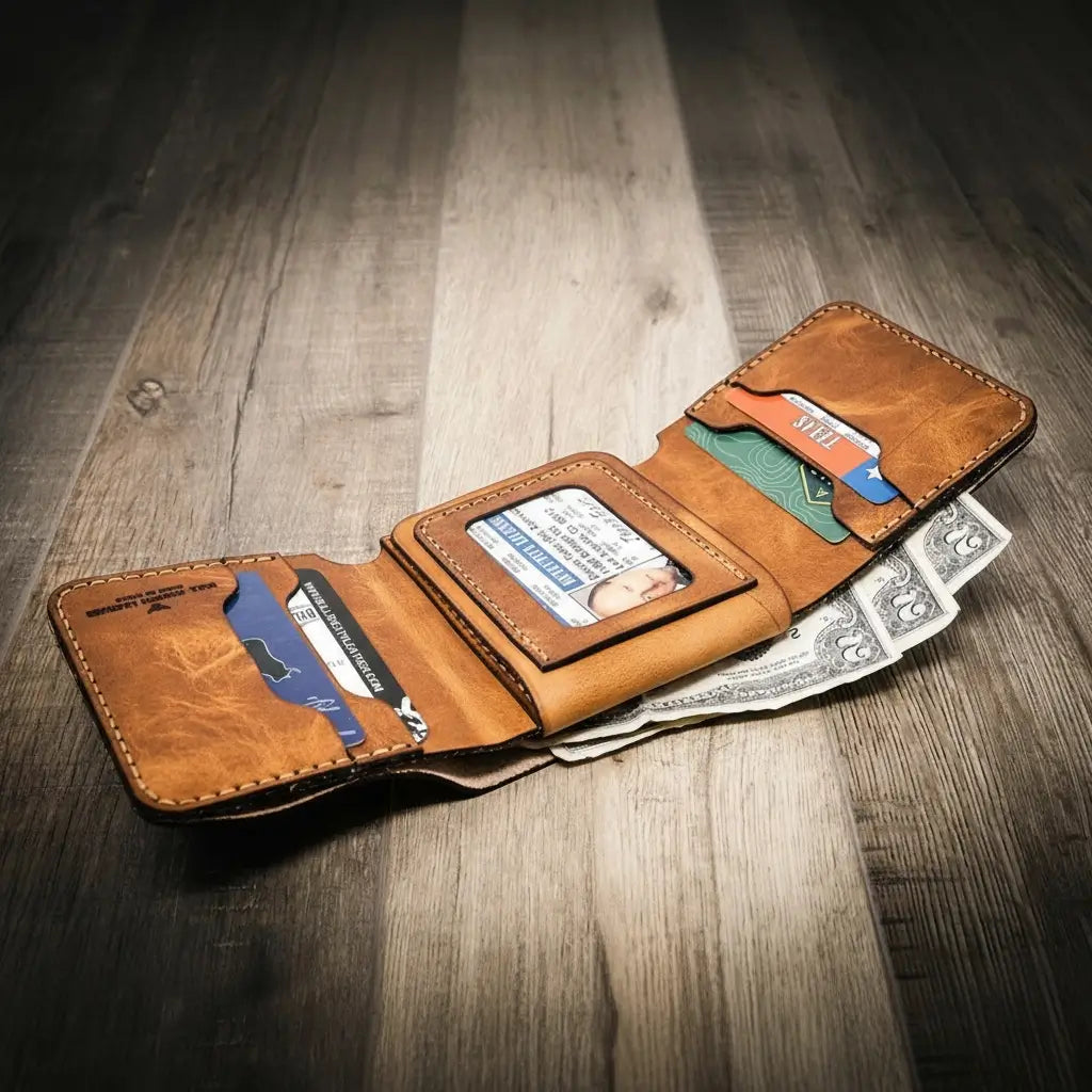 Handmade Full-Grain Leather Badge Trifold Wallet for Law Enforcement — Badge Trifold Wallet