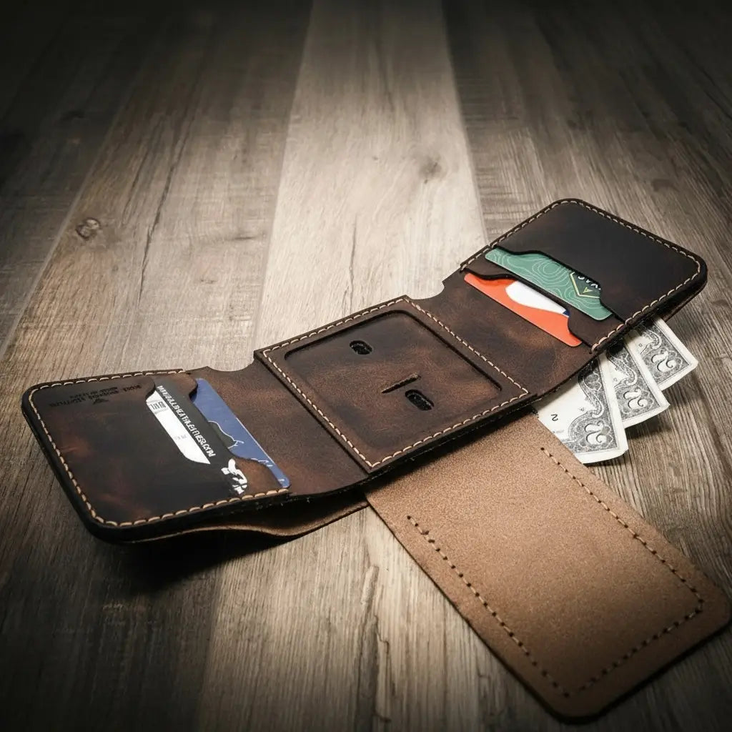 Handmade Full-Grain Leather Badge Trifold Wallet for Law Enforcement — Badge Trifold Wallet