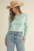 Minted Shoulder Padded Sequin Crop Top
