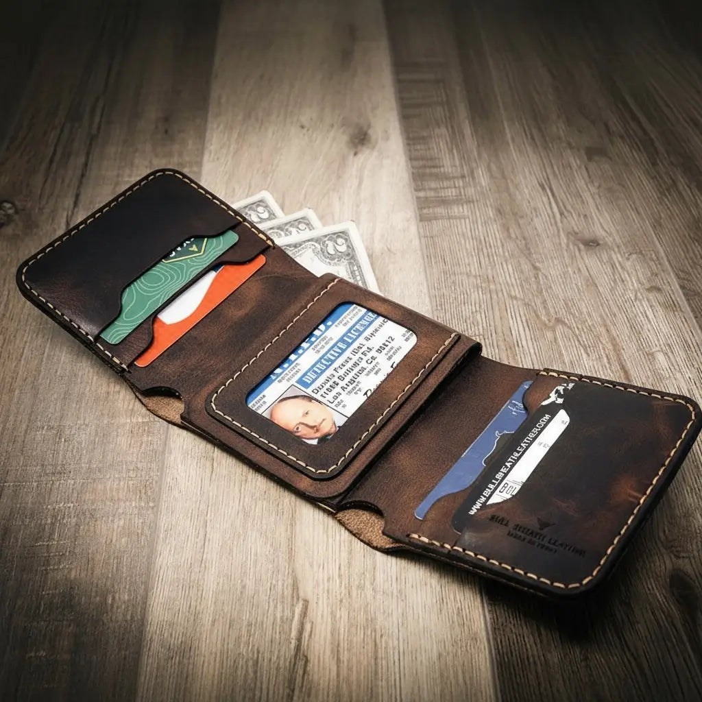 Handmade Full-Grain Leather Badge Trifold Wallet for Law Enforcement — Badge Trifold Wallet