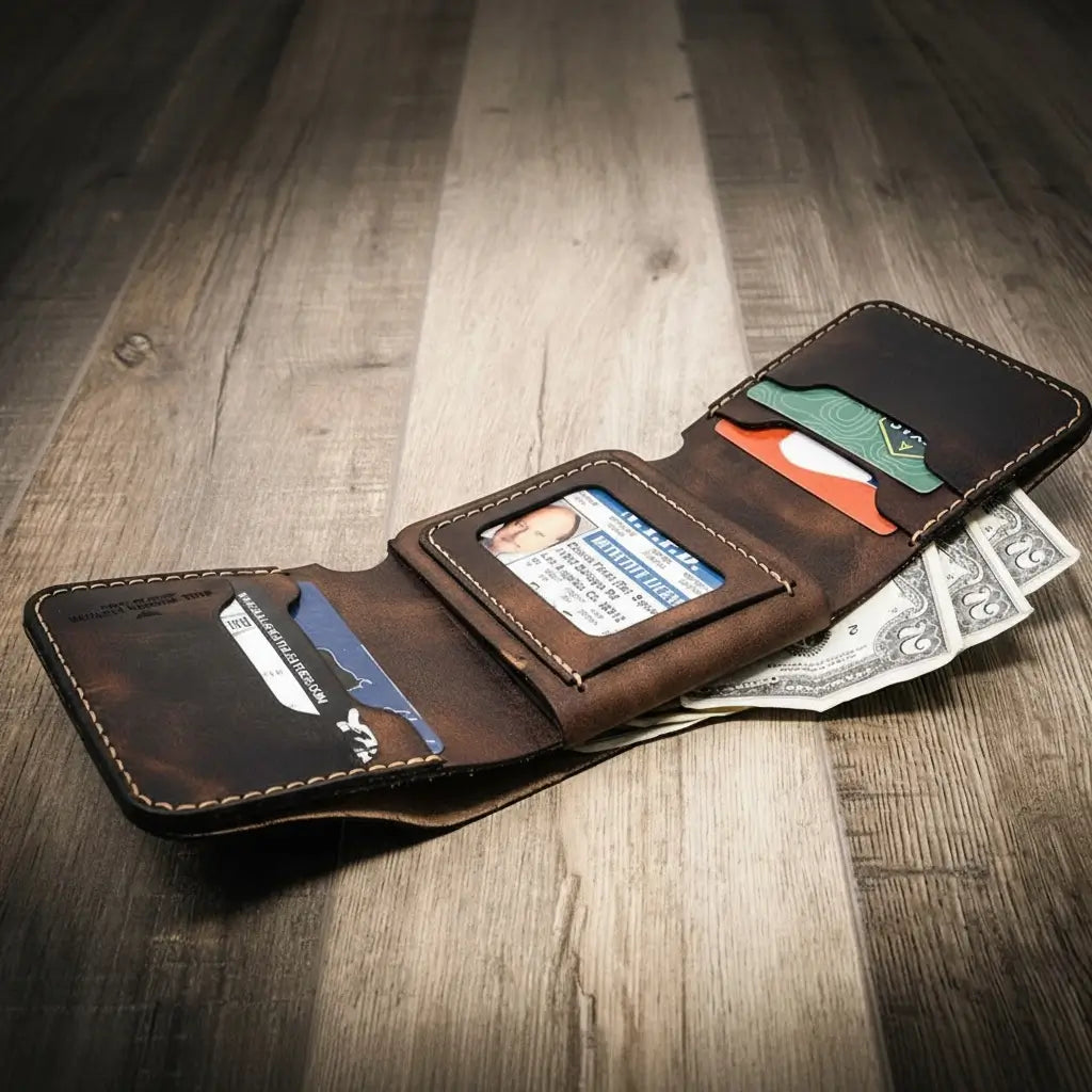 Handmade Full-Grain Leather Badge Trifold Wallet for Law Enforcement — Badge Trifold Wallet