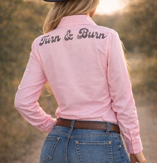 Black Crystal Turn & Burn Button-Up Cotton Blend Rodeo Shirt -Pink