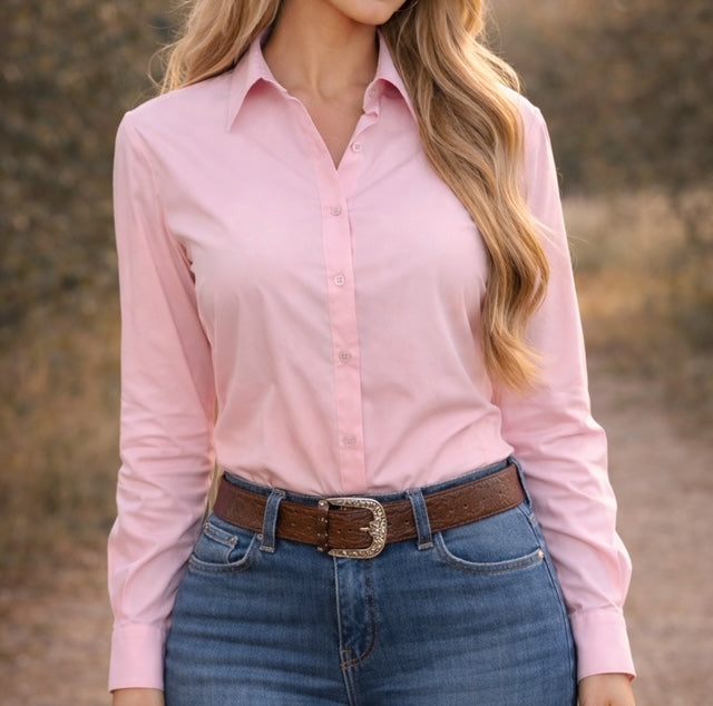 Black Crystal Turn & Burn Button-Up Cotton Blend Rodeo Shirt -Pink