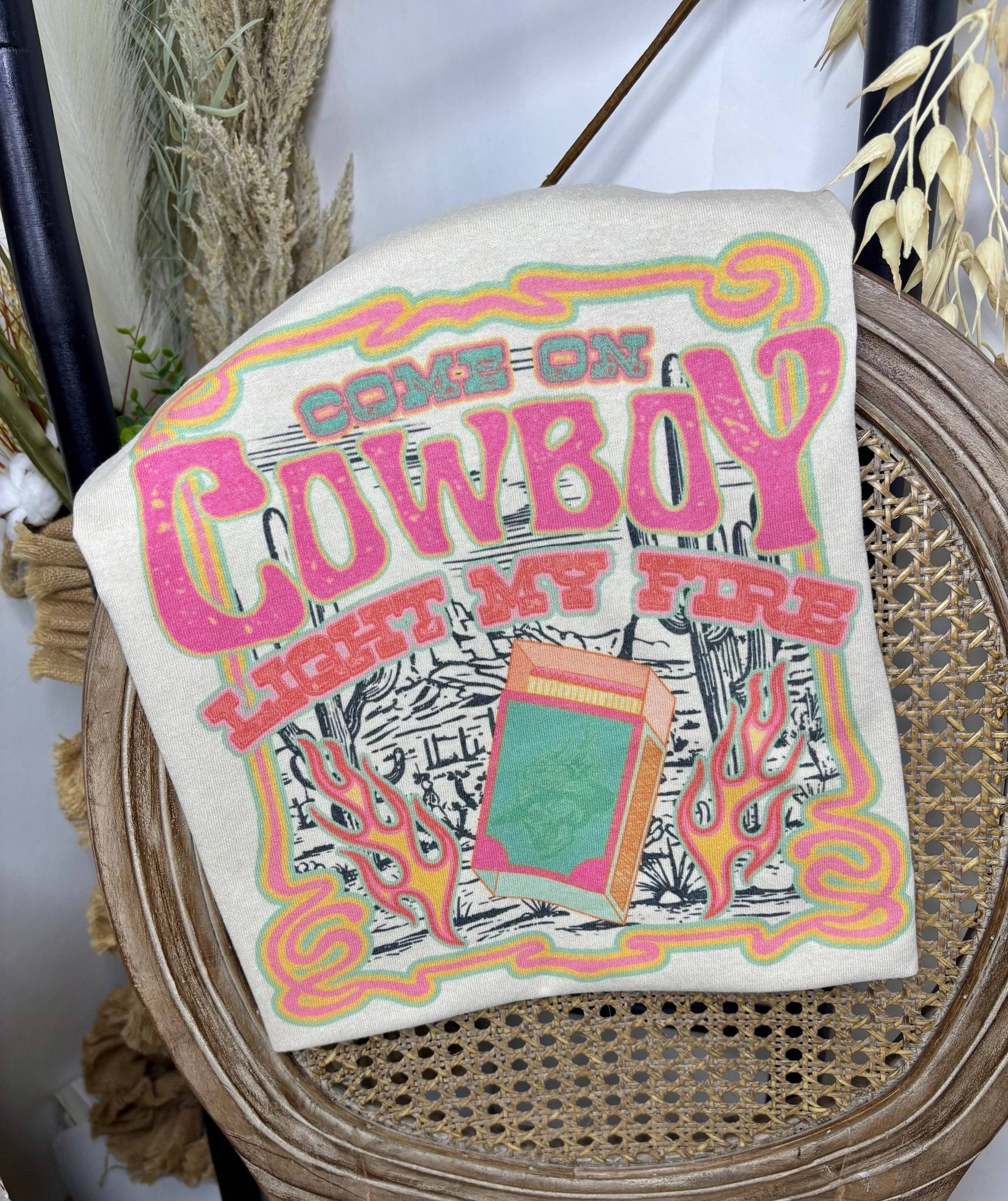 "Come on Cowboy, Light My Fire" Retro Western Graphic T-Shirt – Vintage Cowboy Core Tee