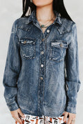 Vintage Blue Washed Western Denim Shirt – Concho Button Tencel Top