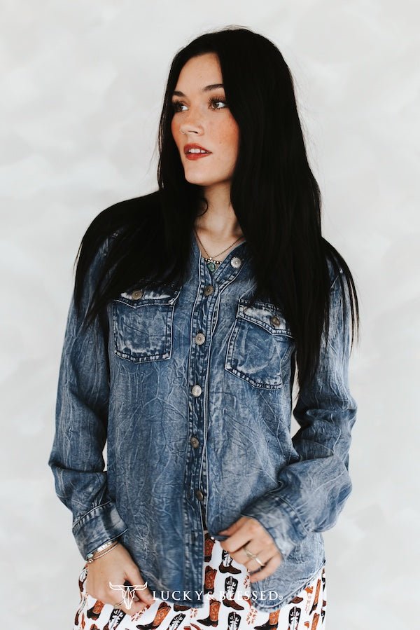 Vintage Blue Washed Western Denim Shirt – Concho Button Tencel Top