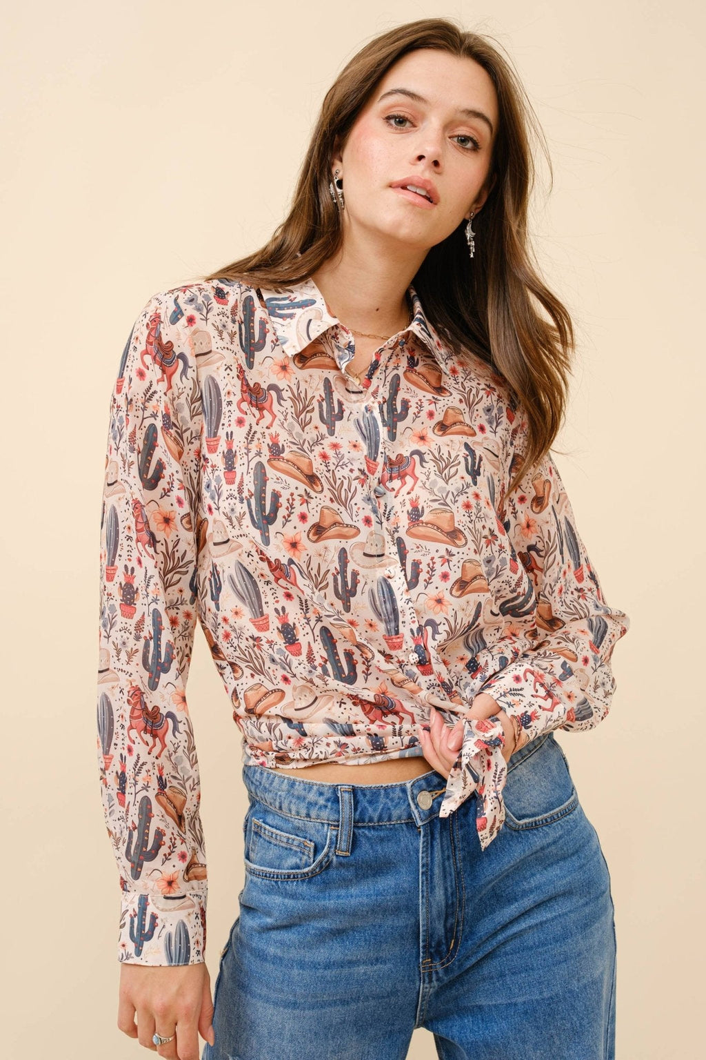 Painted Desert Chiffon Button Up Blouse - small remains