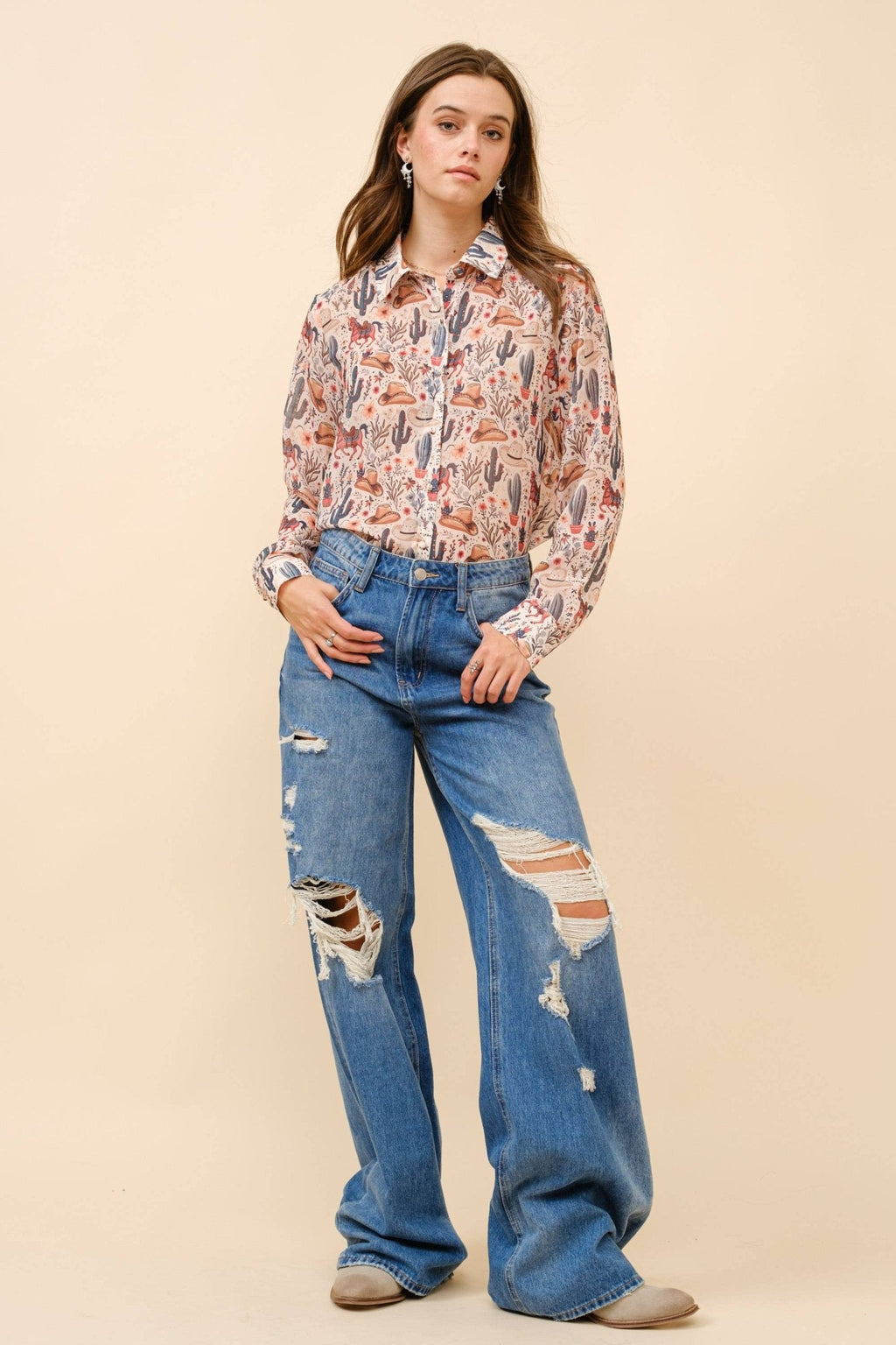 Painted Desert Chiffon Button Up Blouse - small remains