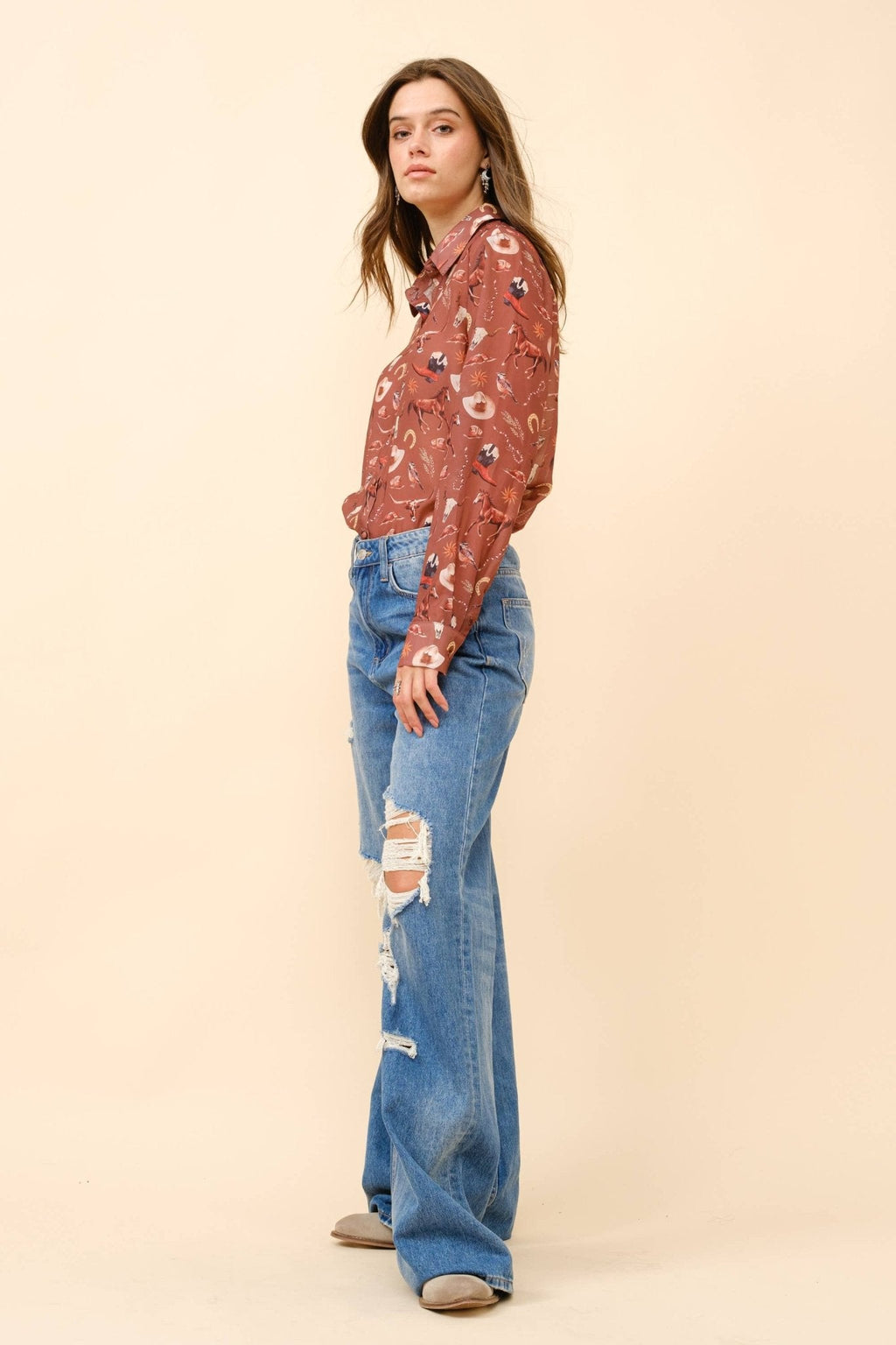 Painted Desert Chiffon Button Up Blouse - small remains