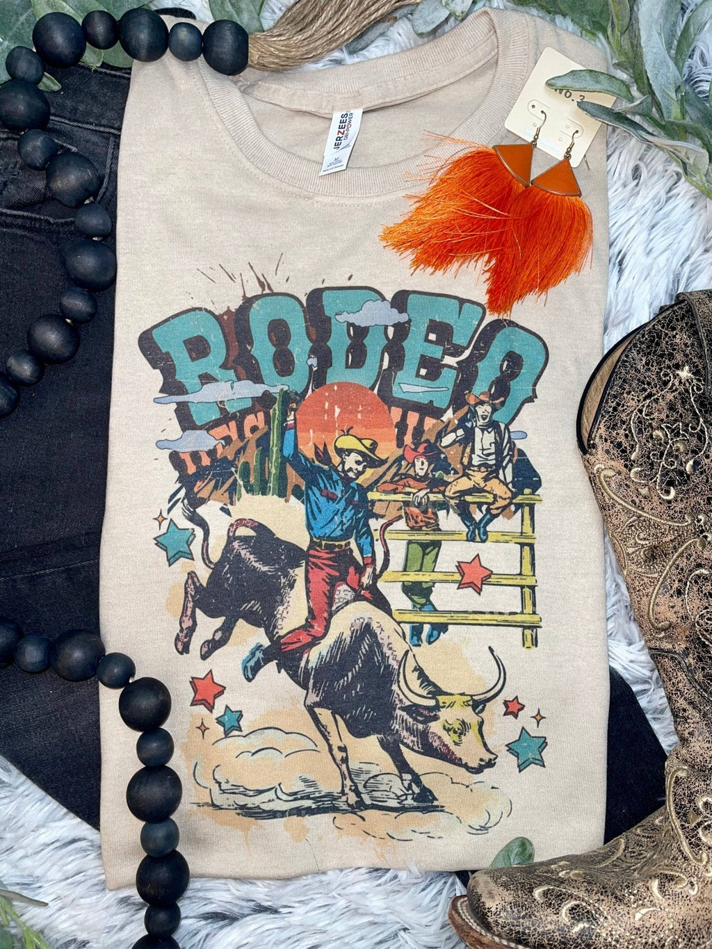 Vintage Rodeo Bull Rider Graphic Tee – Sand Unisex Western Shirt
